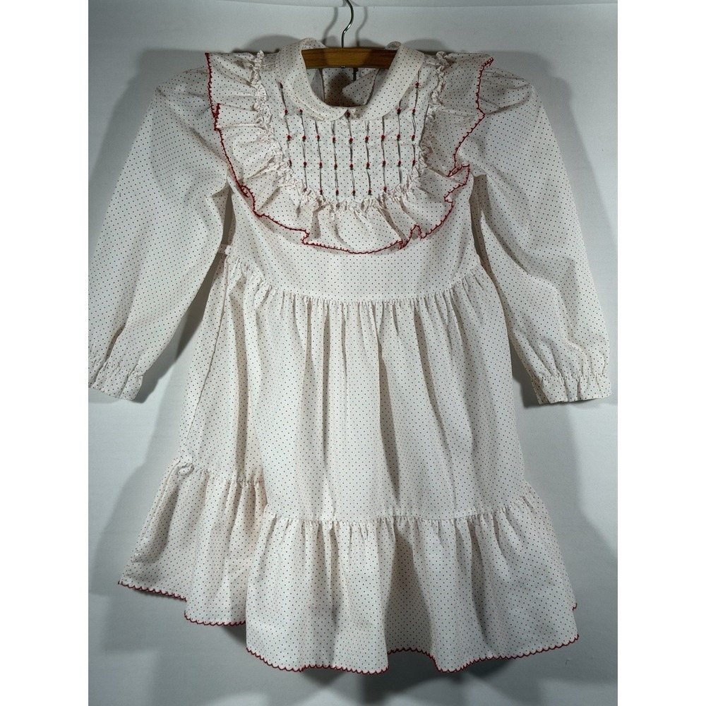Polly Flinders Dress Girls 6 White Red Cotton Polka Dot Smocked Cottagecore